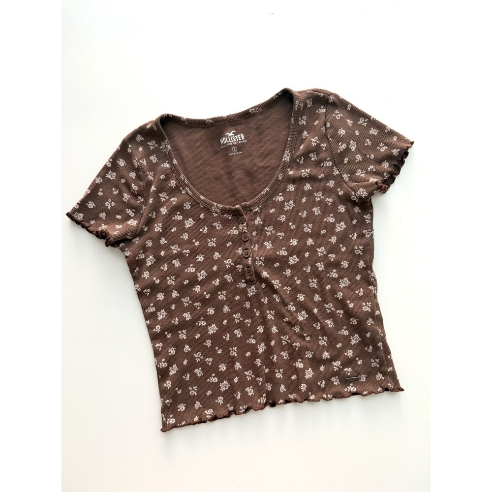 Hollister Brown Floral Baby Tee Womens‎ Small Retro 90s Y2K Summer Beach Cropped